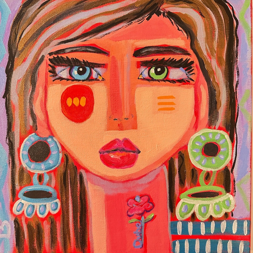 Whimsical Girl Face Painting with Rose Tattoo, 12x12 Original Canvas Art
